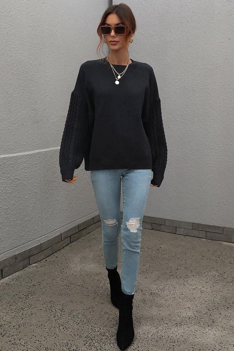 LOOSE FIT CABLE KNIT SLEEVE SWEATER TOP - Doublju
