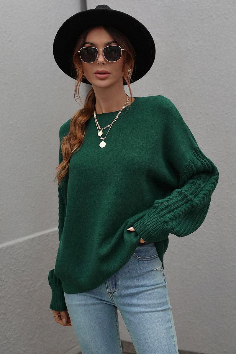 LOOSE FIT CABLE KNIT SLEEVE SWEATER TOP - Doublju