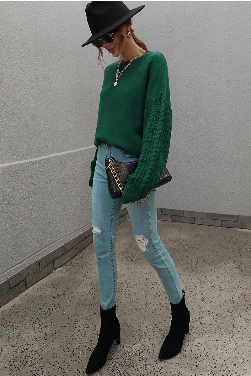 LOOSE FIT CABLE KNIT SLEEVE SWEATER TOP - Doublju