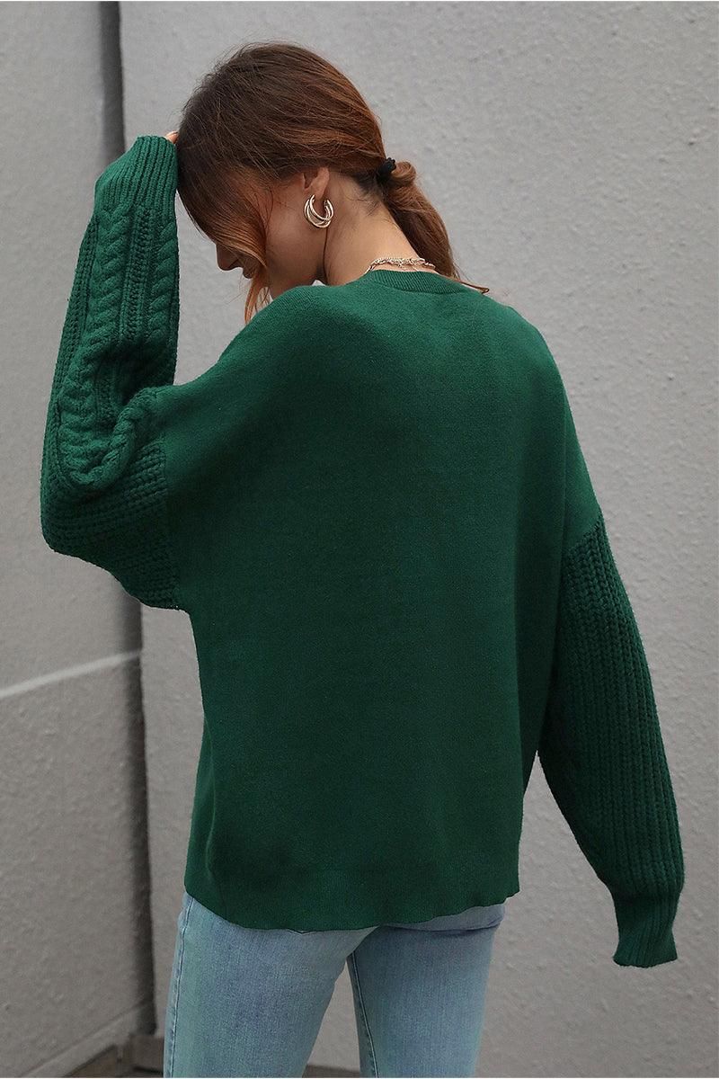 LOOSE FIT CABLE KNIT SLEEVE SWEATER TOP - Doublju