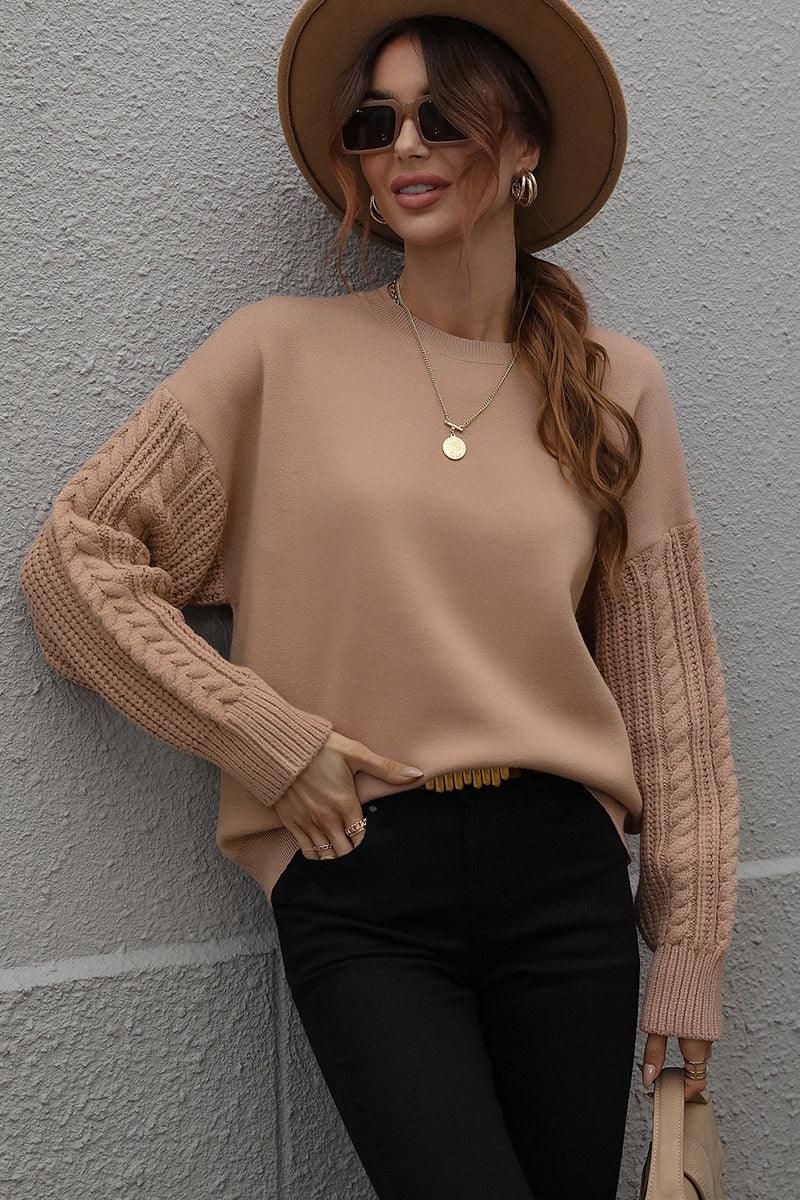 LOOSE FIT CABLE KNIT SLEEVE SWEATER TOP - Doublju