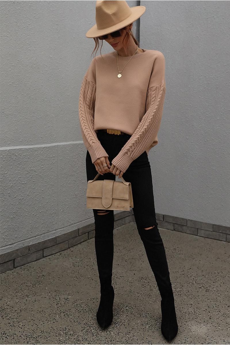 LOOSE FIT CABLE KNIT SLEEVE SWEATER TOP - Doublju