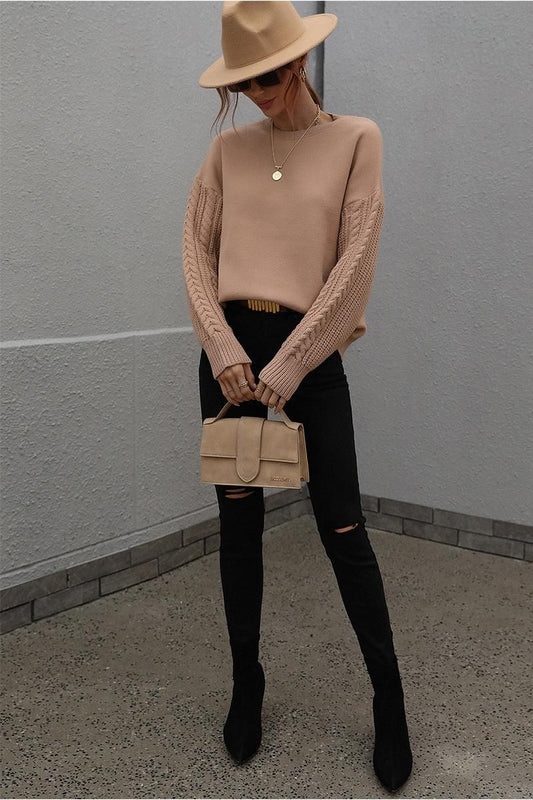 LOOSE FIT CABLE KNIT SLEEVE SWEATER TOP - Doublju