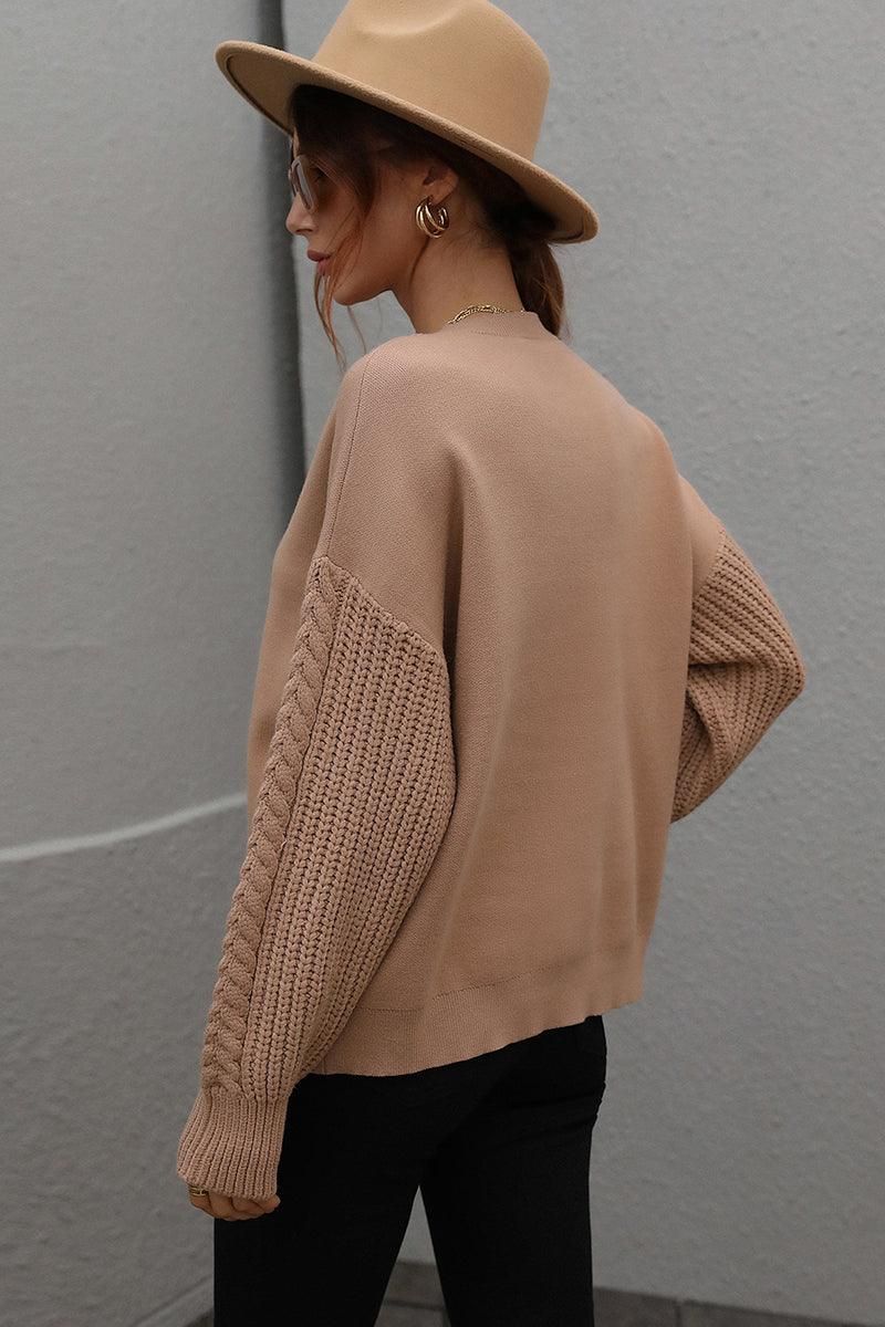 LOOSE FIT CABLE KNIT SLEEVE SWEATER TOP - Doublju