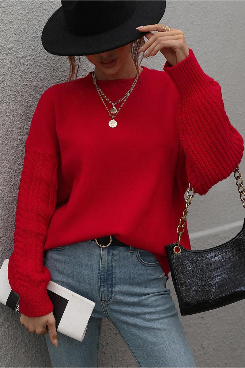 LOOSE FIT CABLE KNIT SLEEVE SWEATER TOP - Doublju