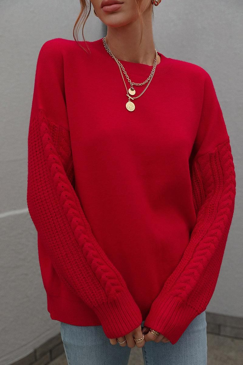 LOOSE FIT CABLE KNIT SLEEVE SWEATER TOP - Doublju