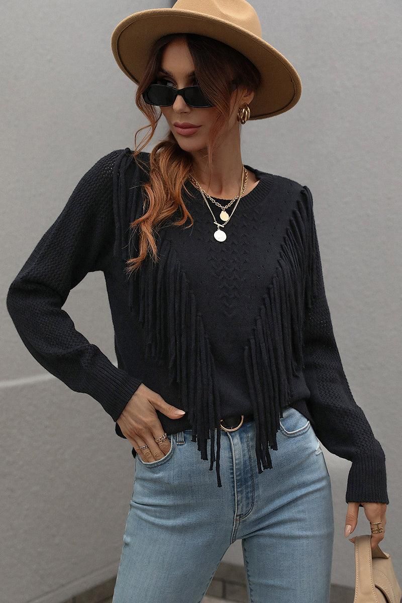 FRONT TASSEL DETAILED KNIT SWEATER TOP - Doublju