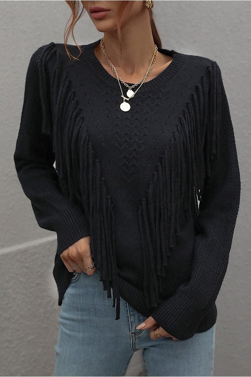 FRONT TASSEL DETAILED KNIT SWEATER TOP - Doublju