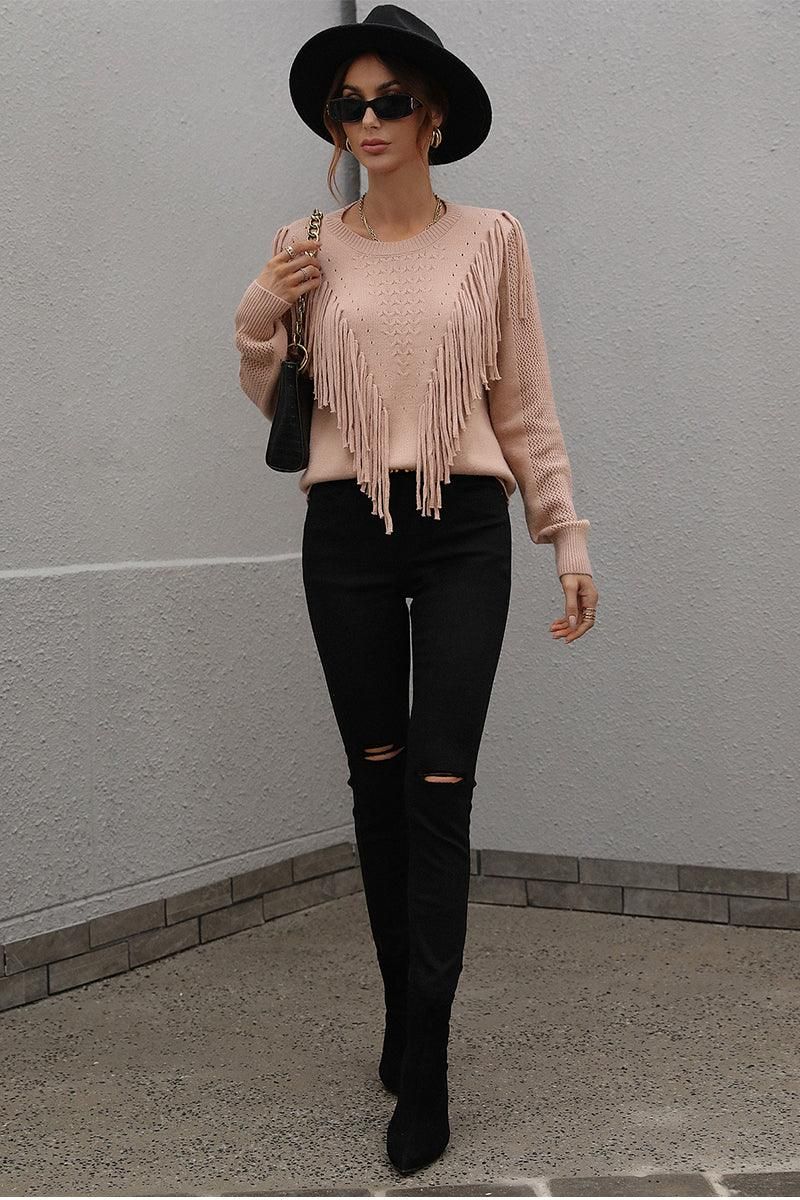 FRONT TASSEL DETAILED KNIT SWEATER TOP - Doublju