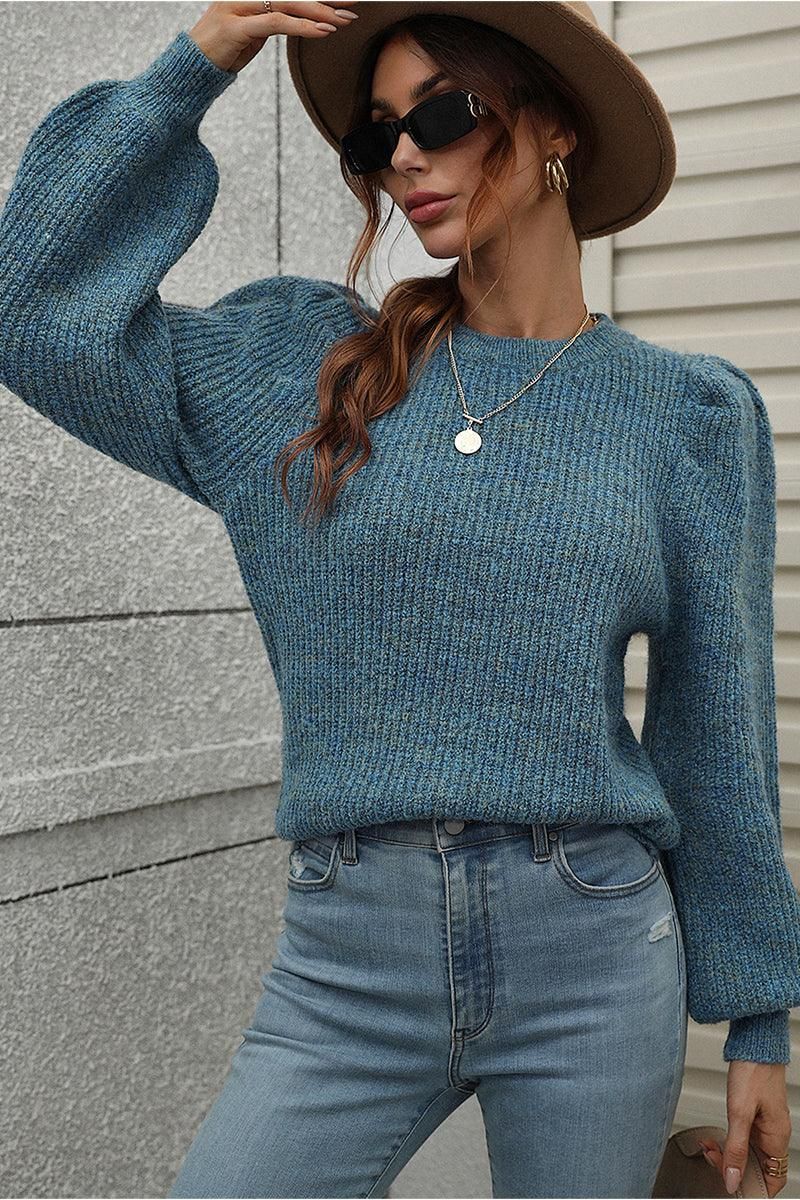 LOOSE FIT LEG OF MUTTON SLEEVE KNIT WARM SWEATER - Doublju