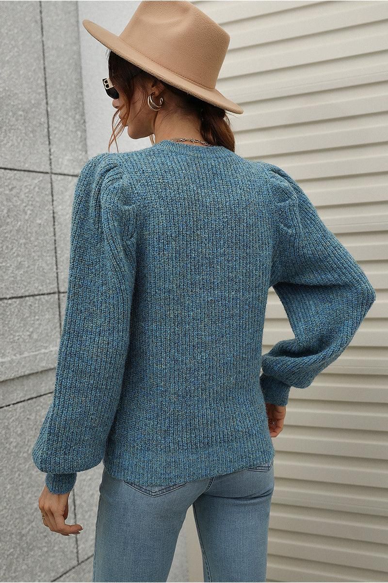 LOOSE FIT LEG OF MUTTON SLEEVE KNIT WARM SWEATER - Doublju