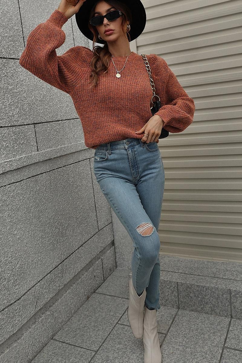 LOOSE FIT LEG OF MUTTON SLEEVE KNIT WARM SWEATER - Doublju