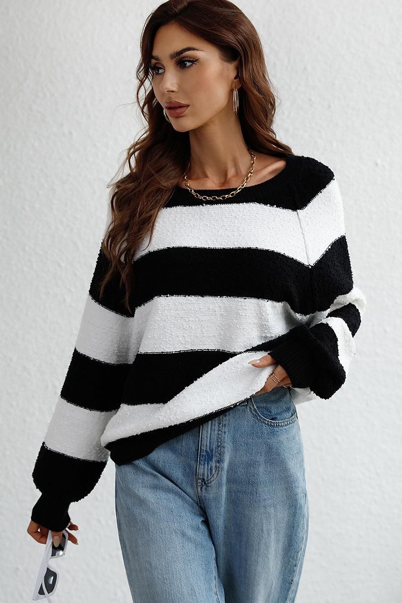 STRIPE COLOR BLOCK LOOSE FIT SWEATER - Doublju