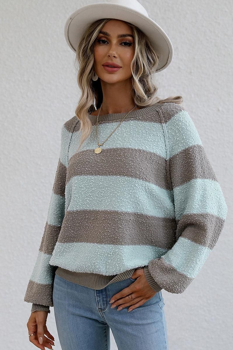 STRIPE COLOR BLOCK LOOSE FIT SWEATER - Doublju