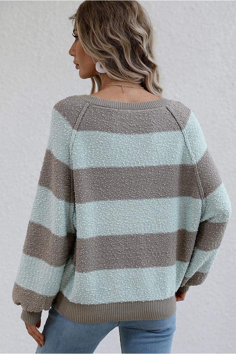 STRIPE COLOR BLOCK LOOSE FIT SWEATER - Doublju