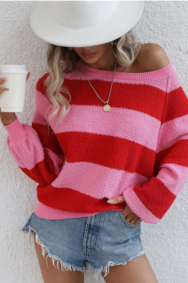 STRIPE COLOR BLOCK LOOSE FIT SWEATER - Doublju
