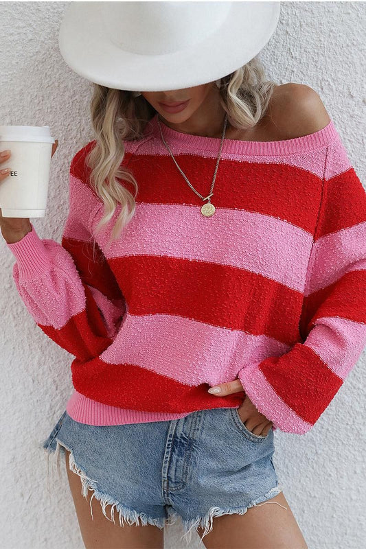 STRIPE COLOR BLOCK LOOSE FIT SWEATER - Doublju