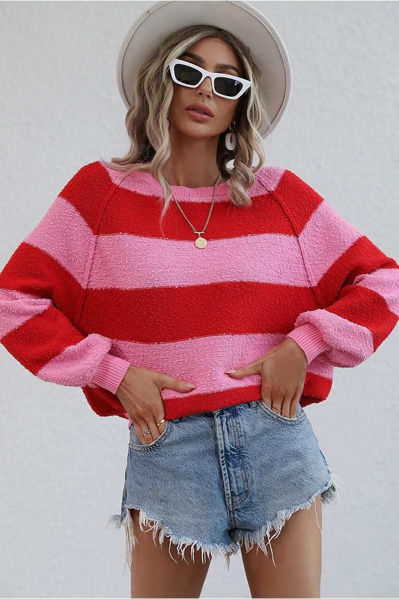 STRIPE COLOR BLOCK LOOSE FIT SWEATER - Doublju