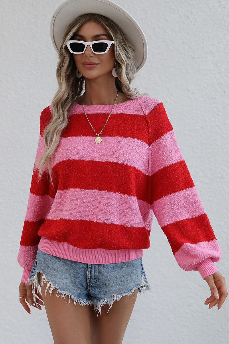 STRIPE COLOR BLOCK LOOSE FIT SWEATER - Doublju