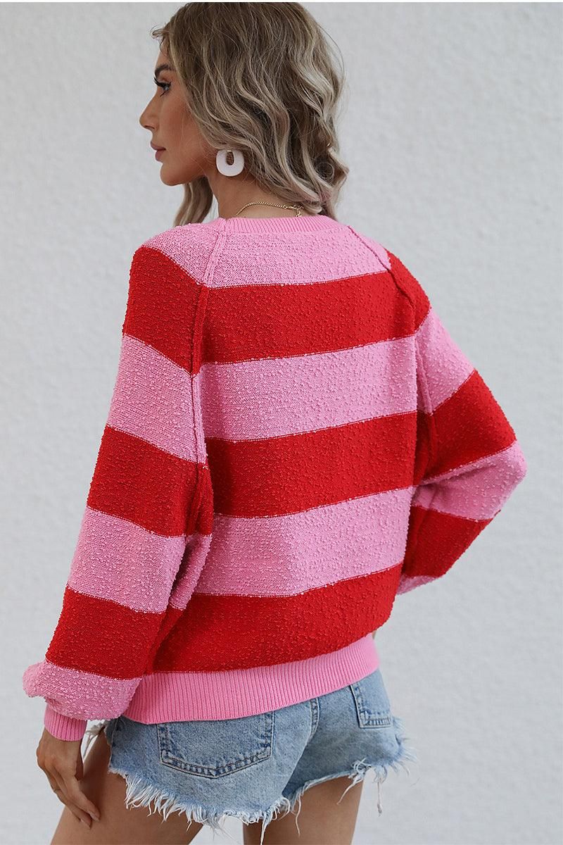 STRIPE COLOR BLOCK LOOSE FIT SWEATER - Doublju