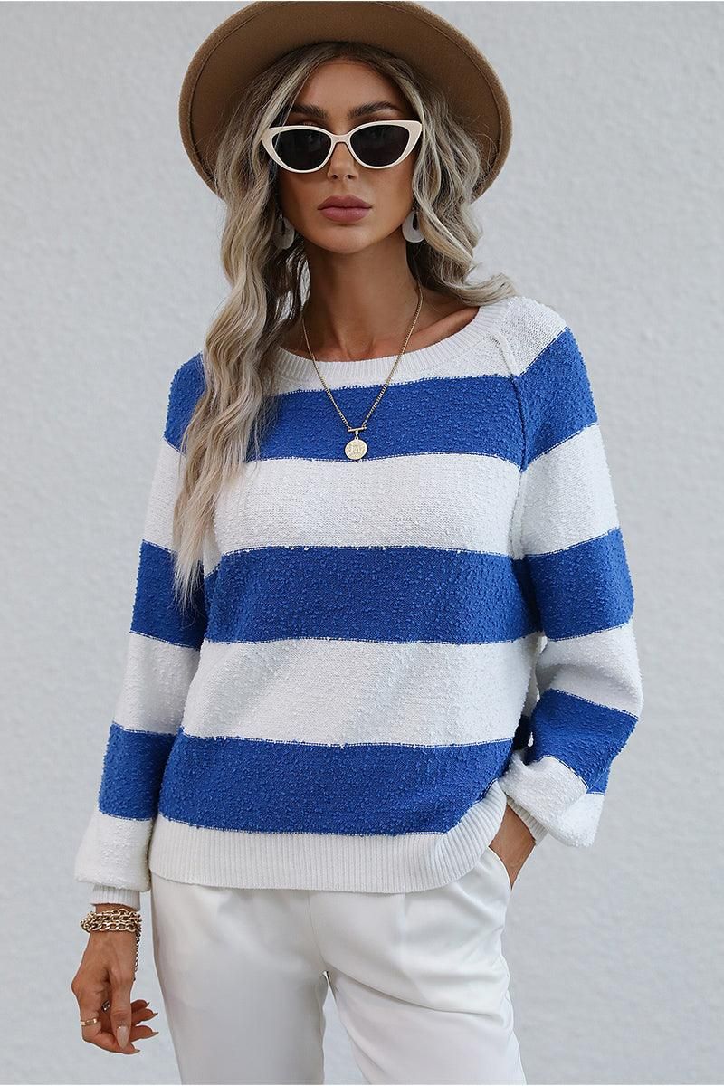 STRIPE COLOR BLOCK LOOSE FIT SWEATER - Doublju