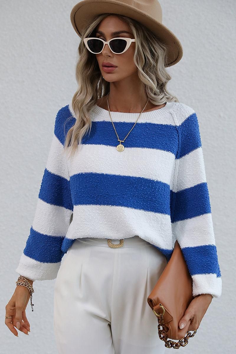 STRIPE COLOR BLOCK LOOSE FIT SWEATER - Doublju