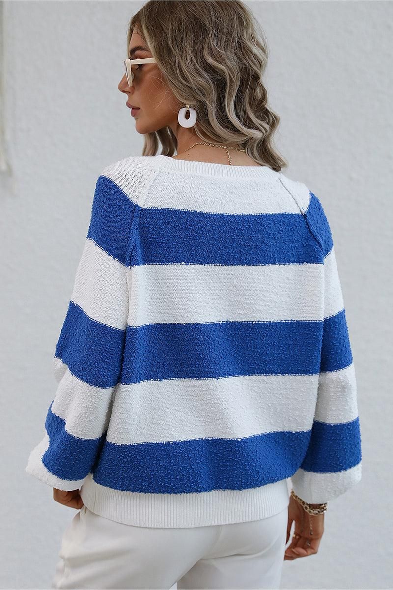 STRIPE COLOR BLOCK LOOSE FIT SWEATER - Doublju