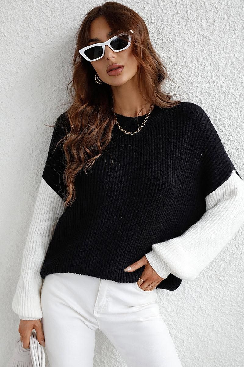 COLOR BLOCK SLEEVE KNIT WARM SWEATER - Doublju