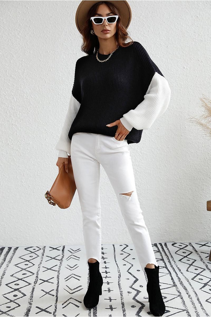 COLOR BLOCK SLEEVE KNIT WARM SWEATER - Doublju