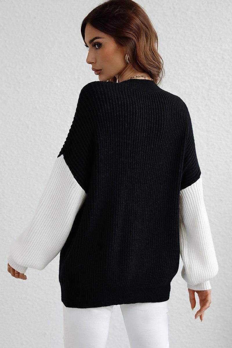 COLOR BLOCK SLEEVE KNIT WARM SWEATER - Doublju
