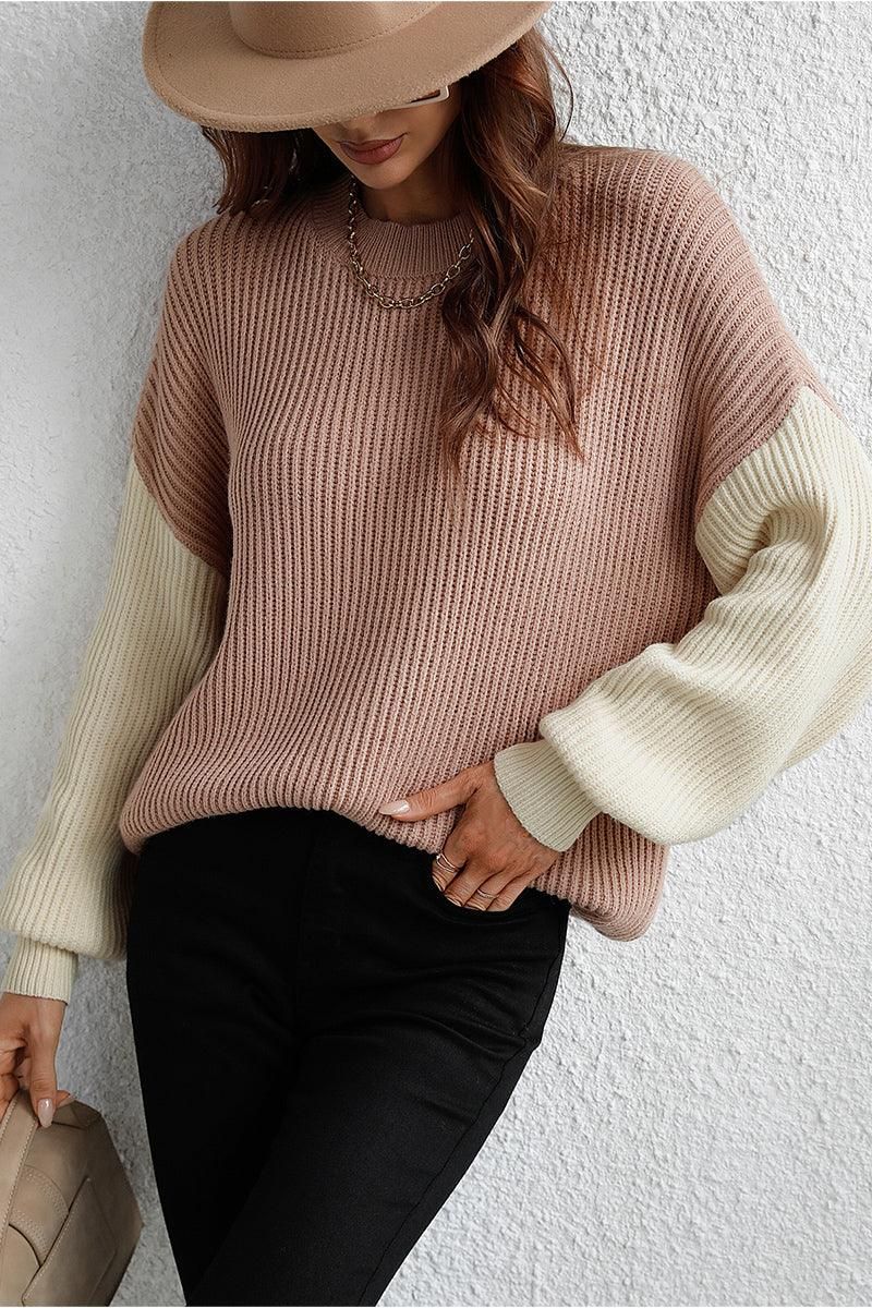 COLOR BLOCK SLEEVE KNIT WARM SWEATER - Doublju