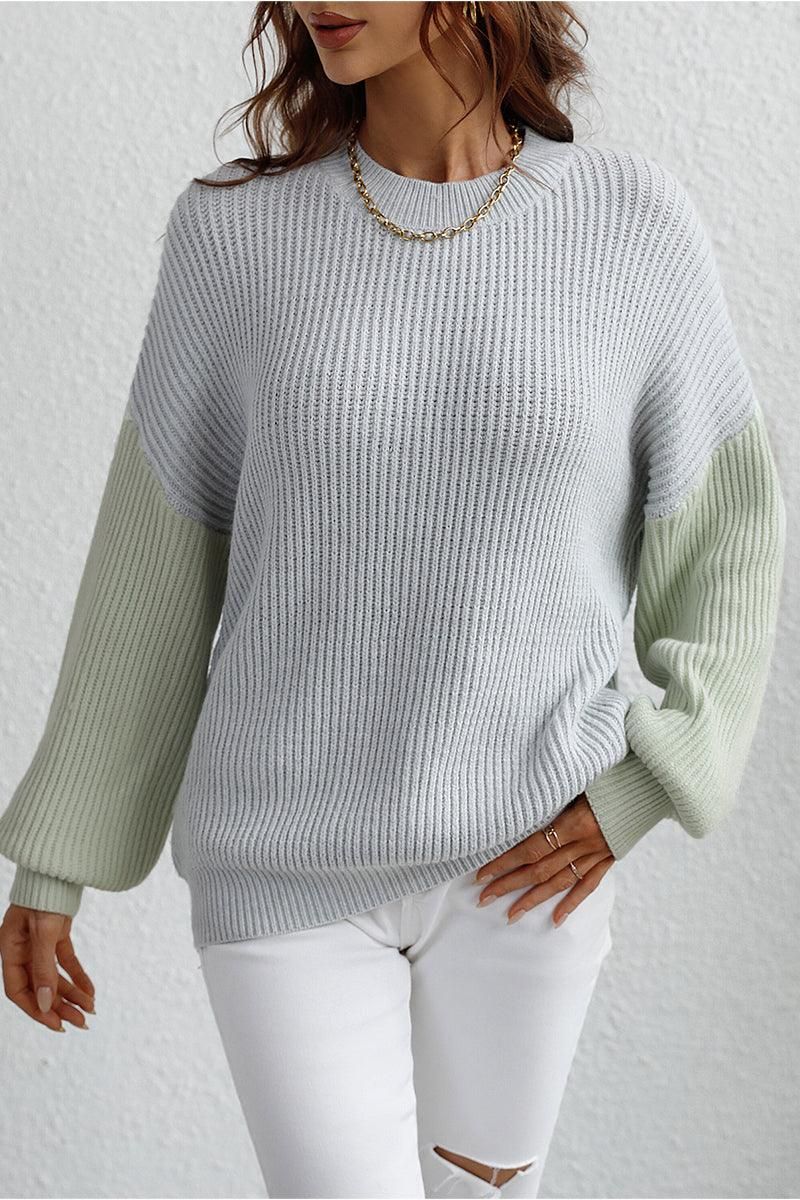 COLOR BLOCK SLEEVE KNIT WARM SWEATER - Doublju