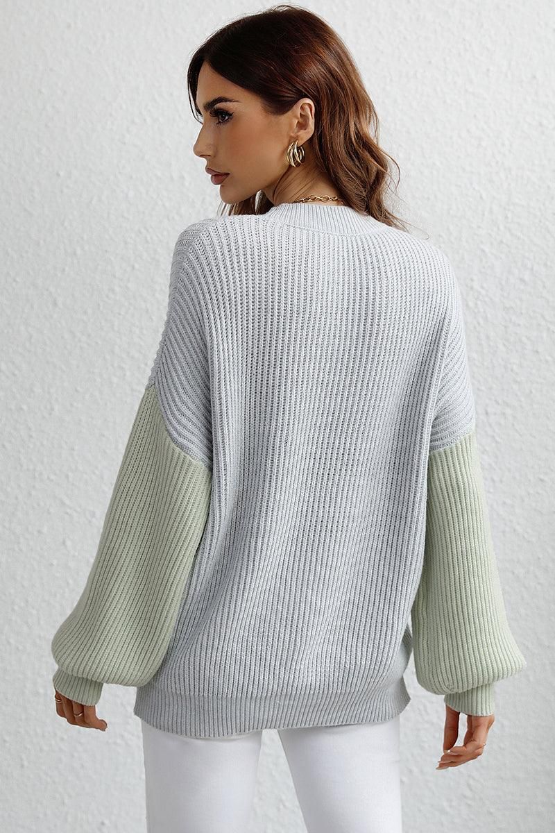 COLOR BLOCK SLEEVE KNIT WARM SWEATER - Doublju