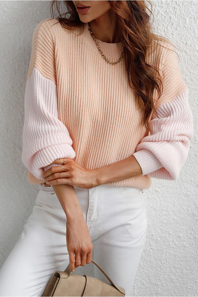 COLOR BLOCK SLEEVE KNIT WARM SWEATER - Doublju