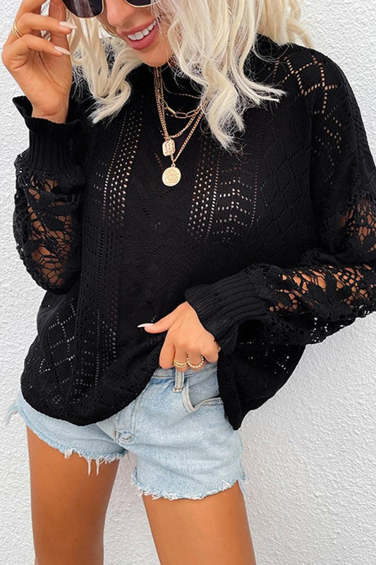 LACE STITCHING SLEEVE KNIT SWEATER TOP - Doublju