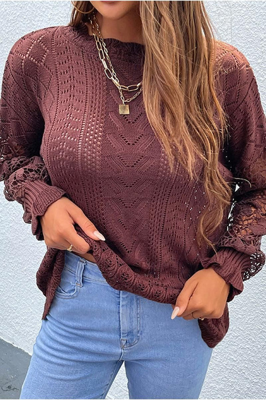 LACE STITCHING SLEEVE KNIT SWEATER TOP - Doublju