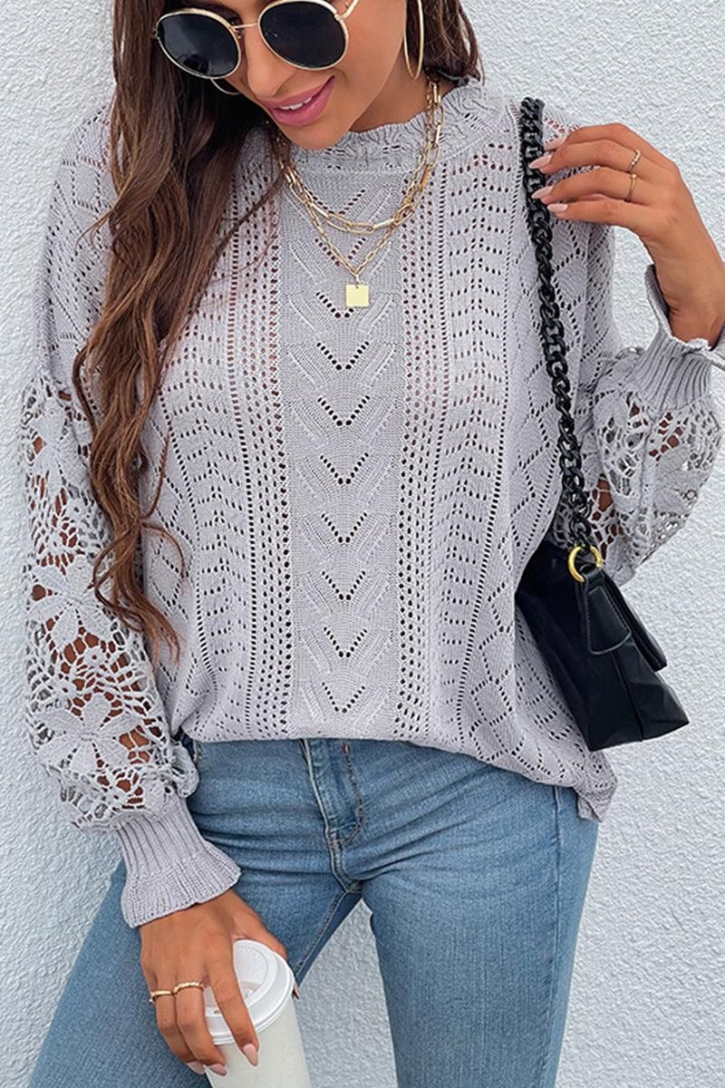 LACE STITCHING SLEEVE KNIT SWEATER TOP - Doublju