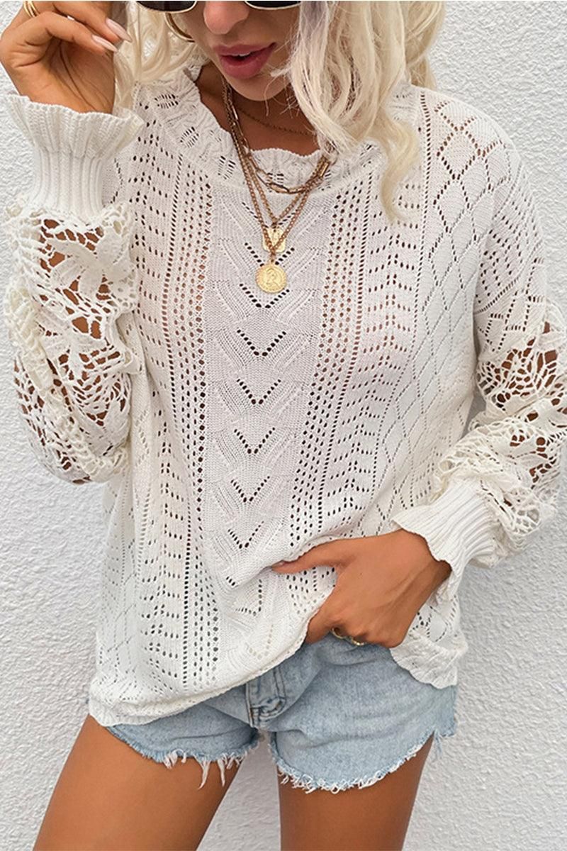 LACE STITCHING SLEEVE KNIT SWEATER TOP - Doublju