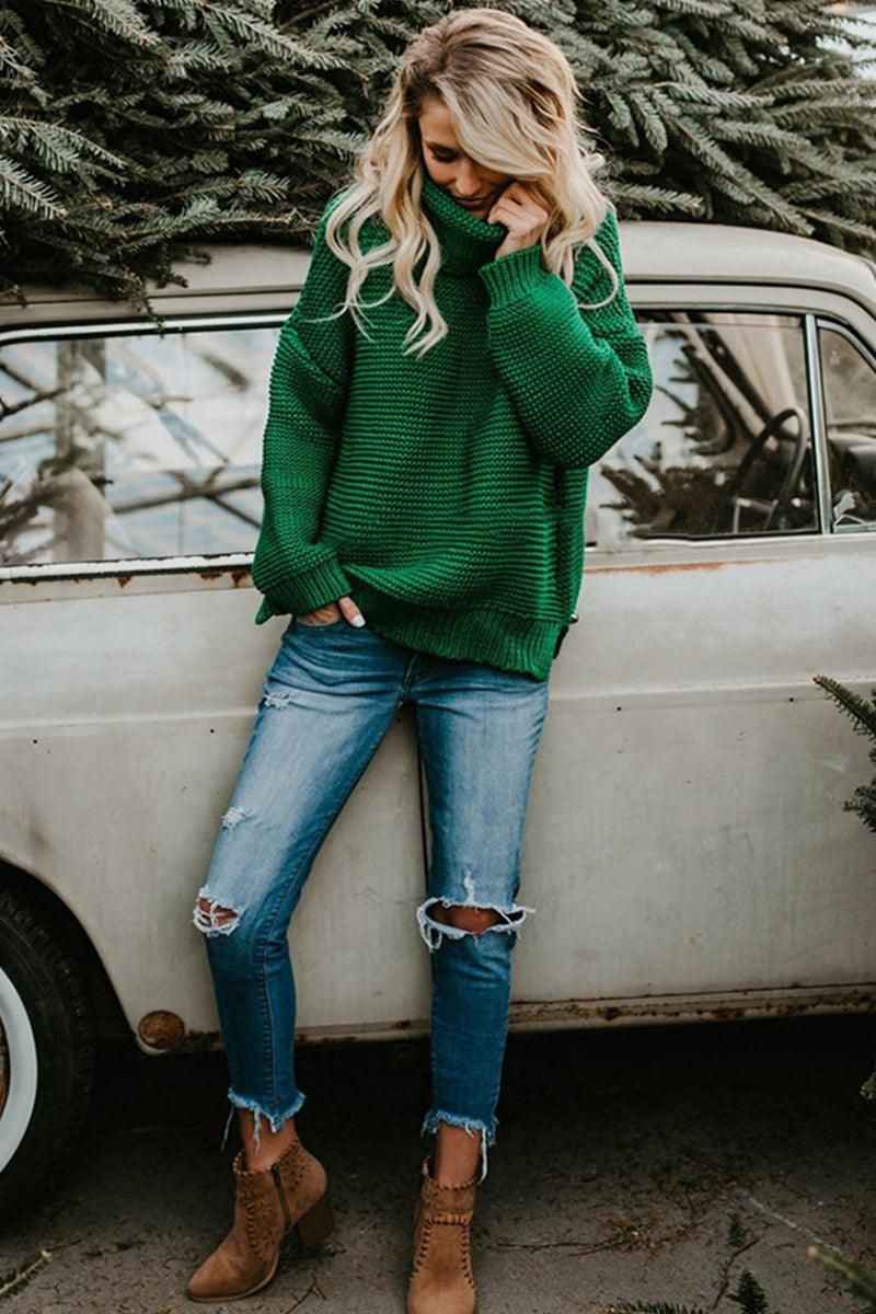 TURTLE NECK CABLE KNIT LOOSE FIT KNIT SWEATER - Doublju