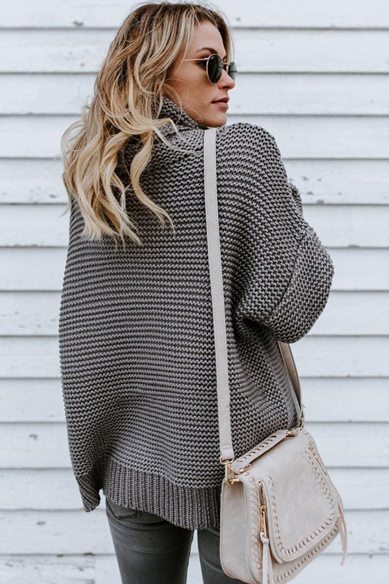 TURTLE NECK CABLE KNIT LOOSE FIT KNIT SWEATER - Doublju