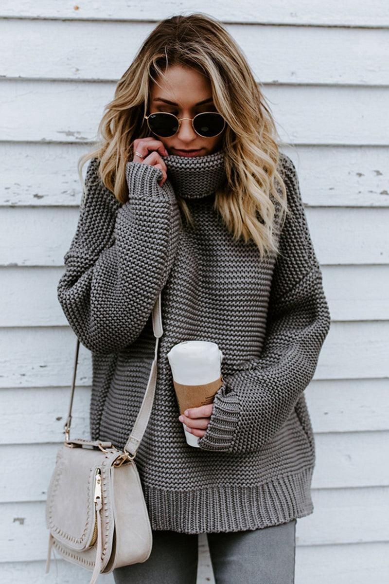TURTLE NECK CABLE KNIT LOOSE FIT KNIT SWEATER - Doublju