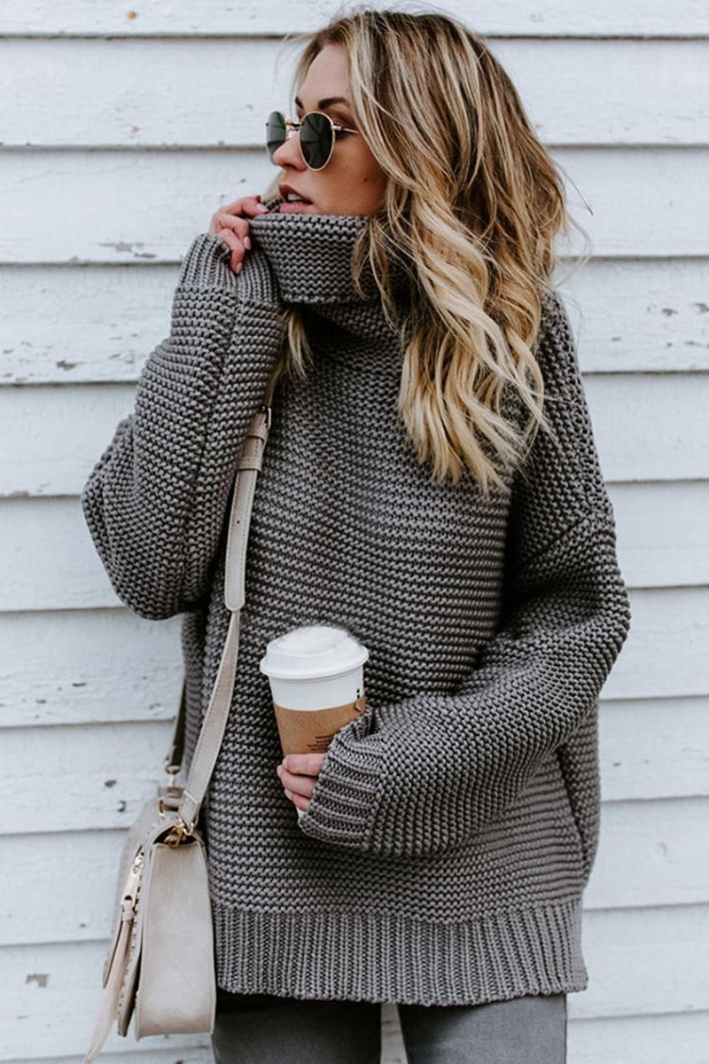 TURTLE NECK CABLE KNIT LOOSE FIT KNIT SWEATER - Doublju