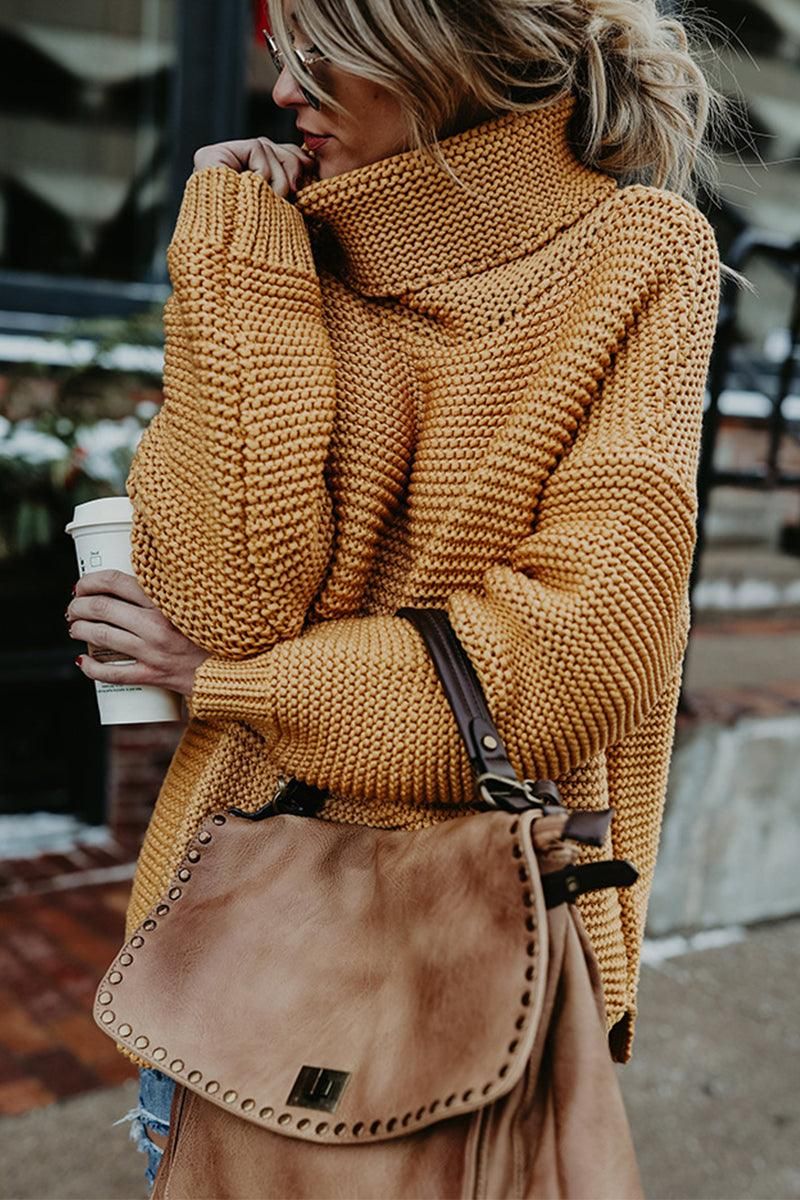 TURTLE NECK CABLE KNIT LOOSE FIT KNIT SWEATER - Doublju