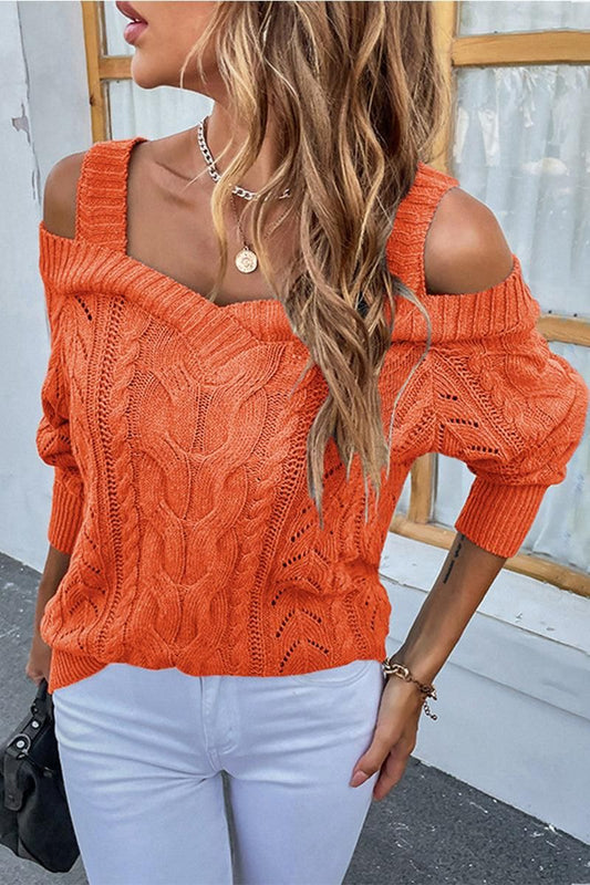 OFF SHOULDER CABLE KNIT CASUAL SWEATER TOP - Doublju