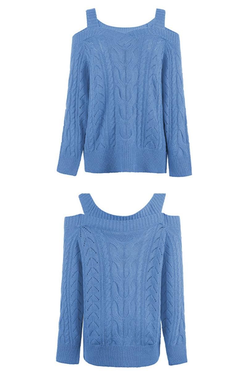 OFF SHOULDER CABLE KNIT CASUAL SWEATER TOP - Doublju