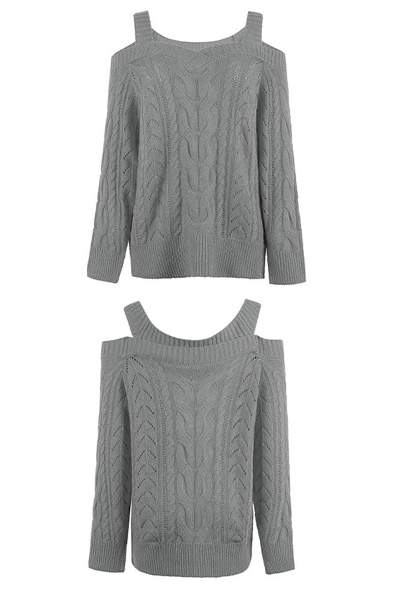 OFF SHOULDER CABLE KNIT CASUAL SWEATER TOP - Doublju
