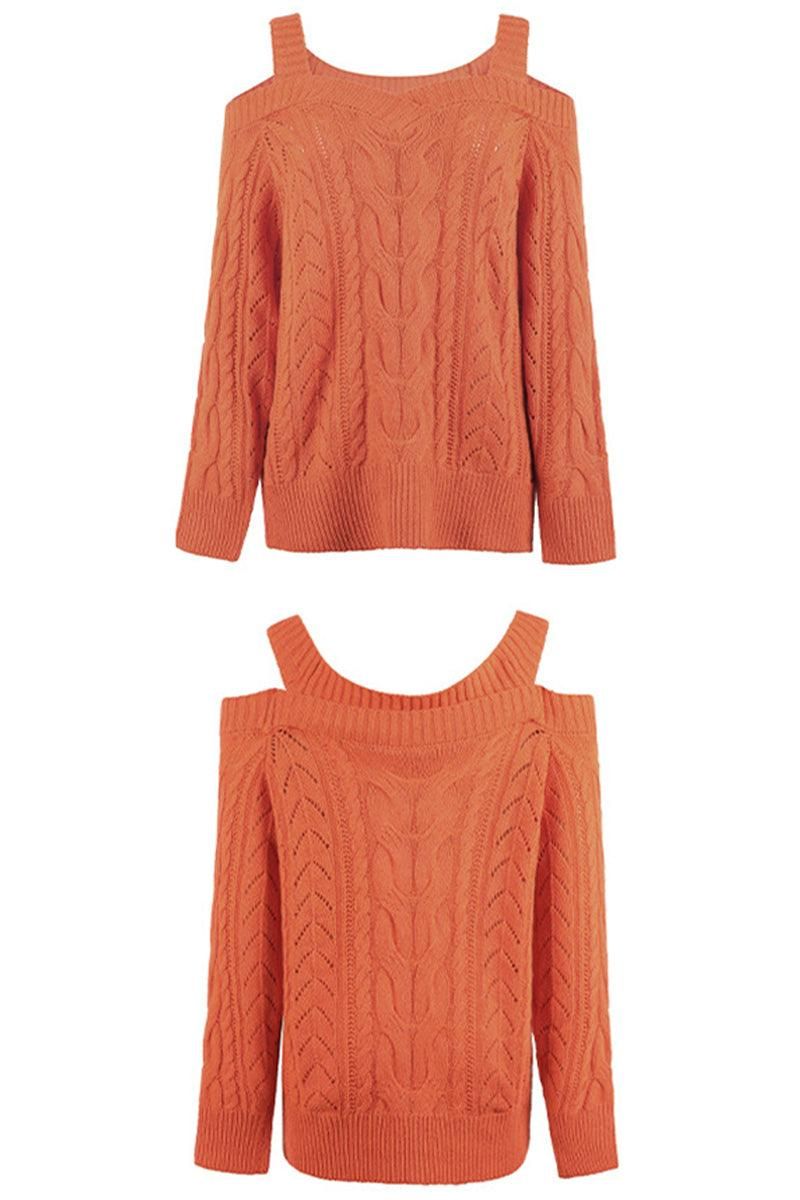 OFF SHOULDER CABLE KNIT CASUAL SWEATER TOP - Doublju