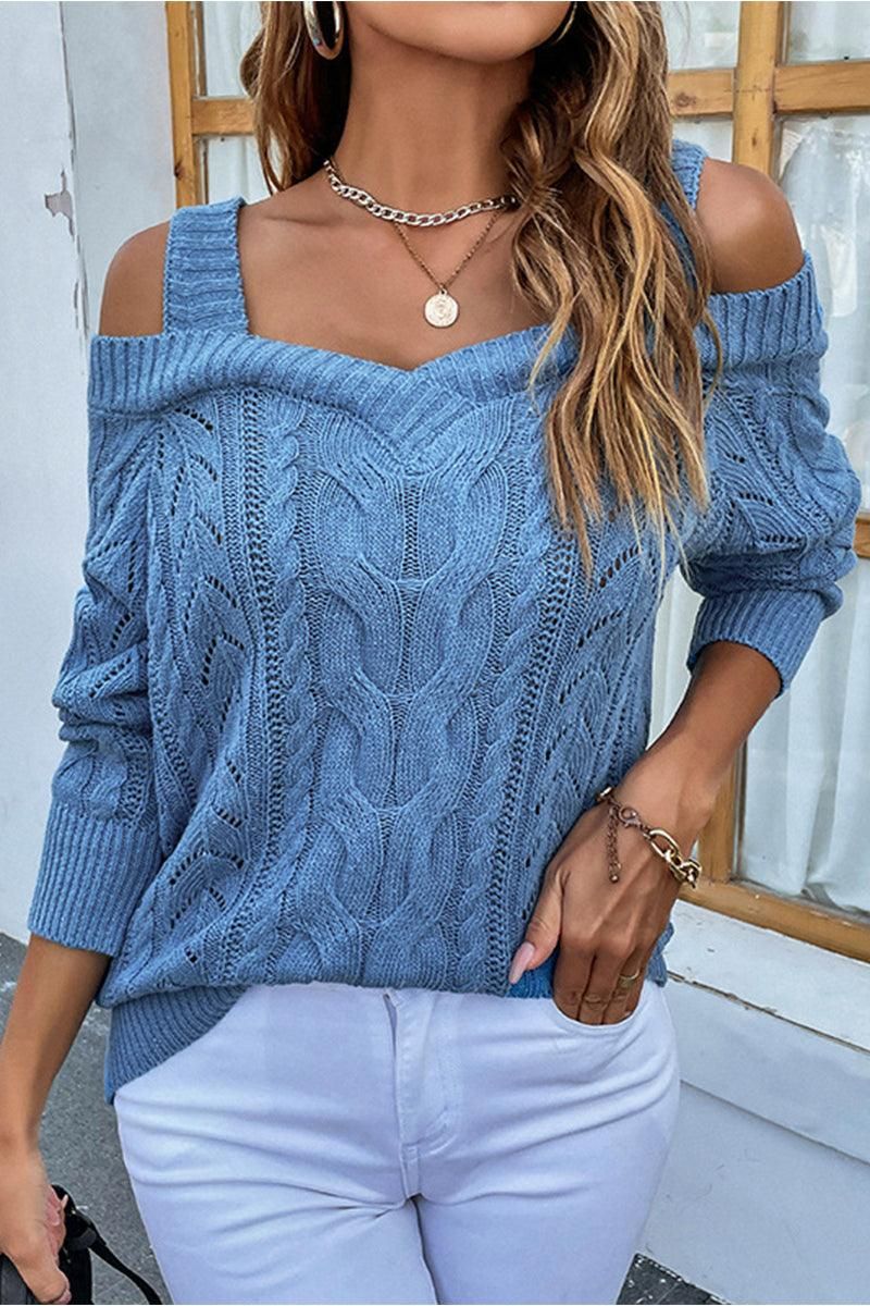 OFF SHOULDER CABLE KNIT CASUAL SWEATER TOP - Doublju