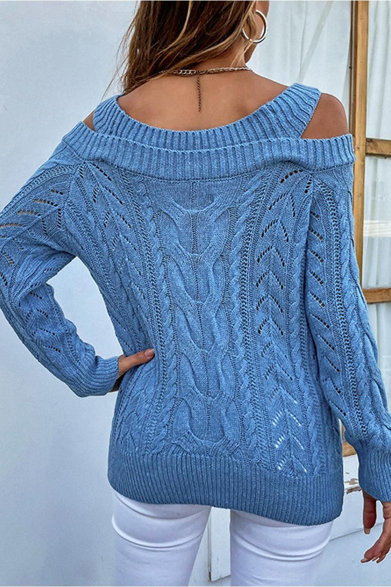 OFF SHOULDER CABLE KNIT CASUAL SWEATER TOP - Doublju
