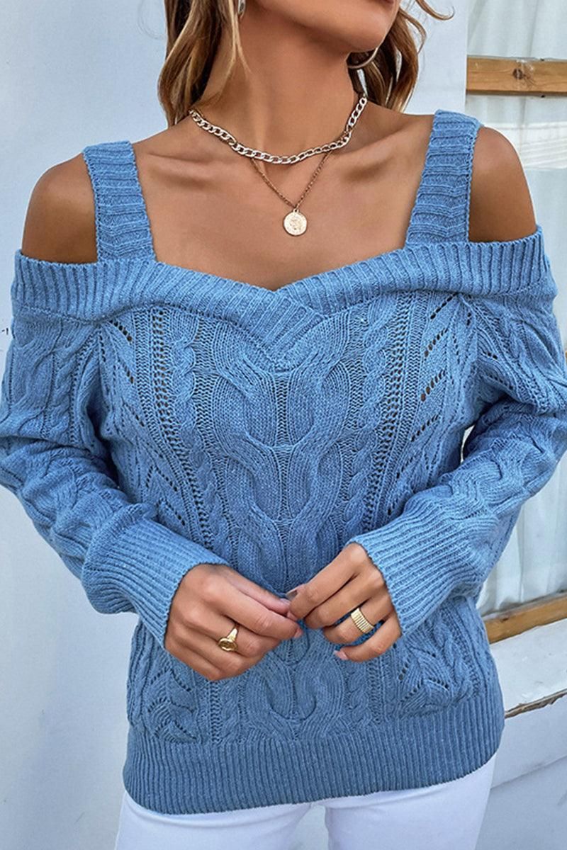 OFF SHOULDER CABLE KNIT CASUAL SWEATER TOP - Doublju